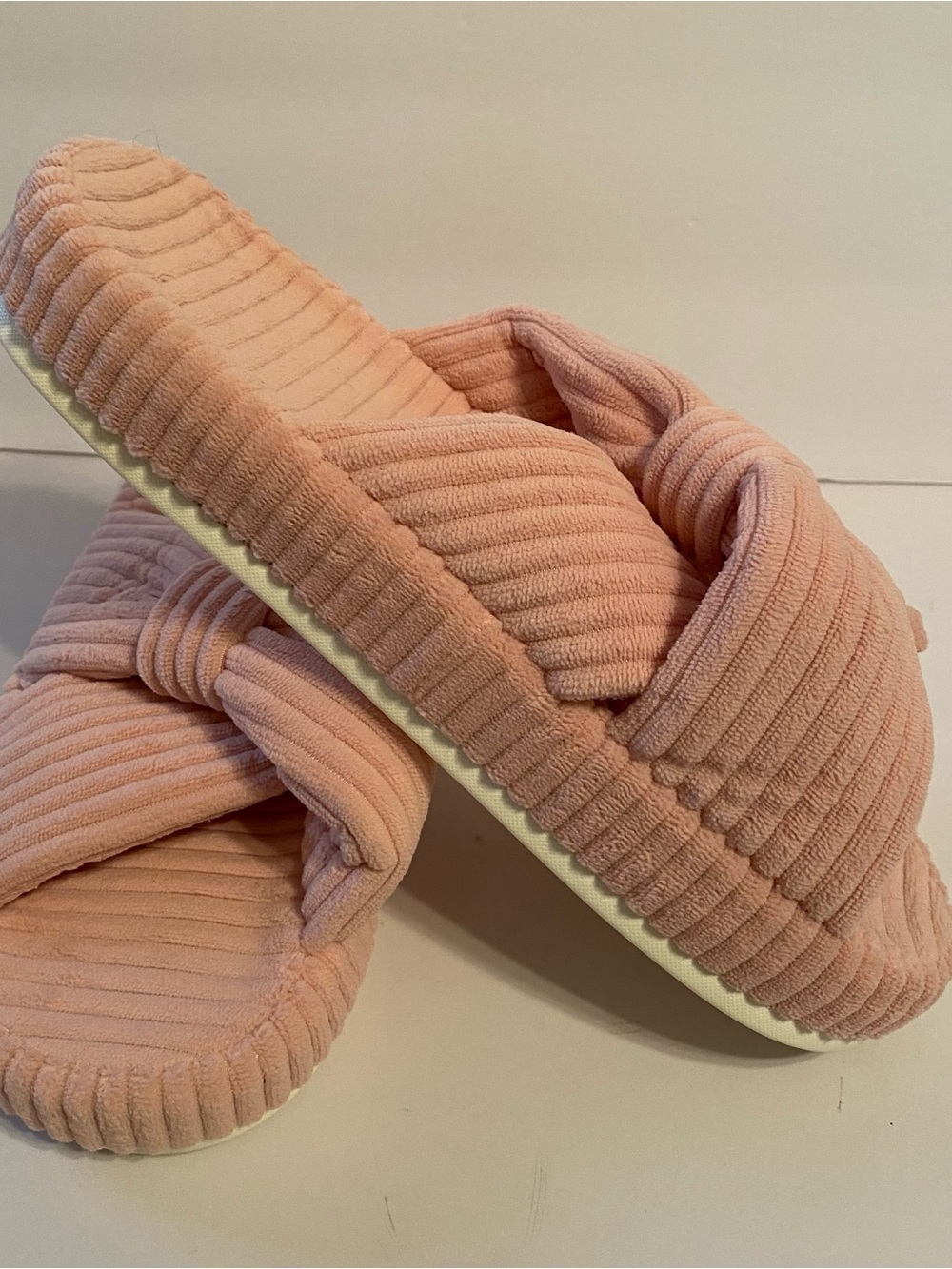 Women's Plush Ribbed Cross-Band Slide Slippers - Blush Pink